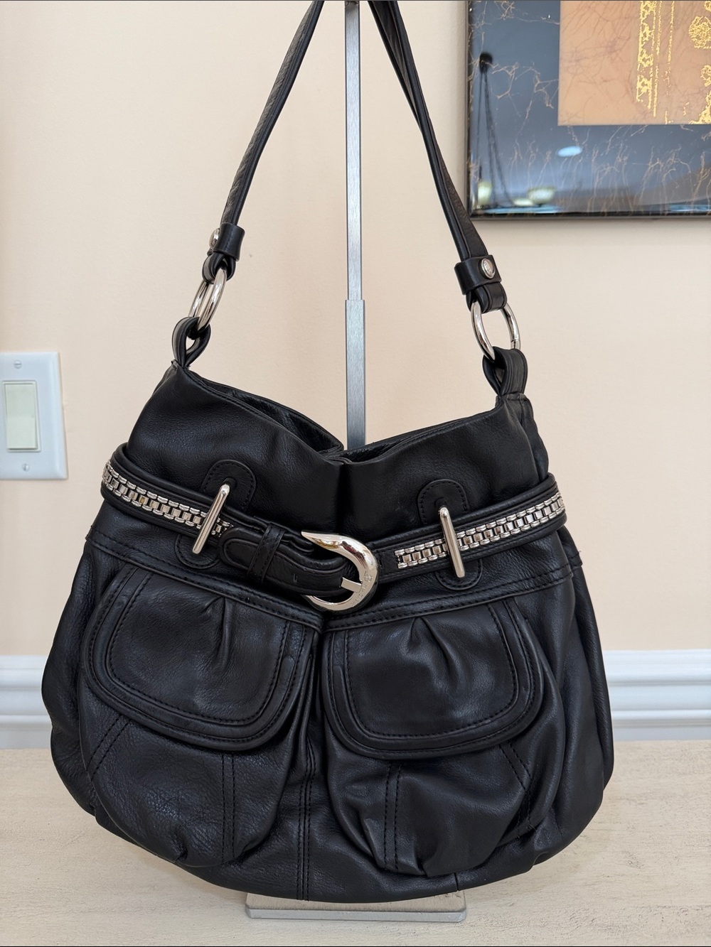 B Makowsky Black Leather Shoulder Bag with Silver-Tone Belt Accent